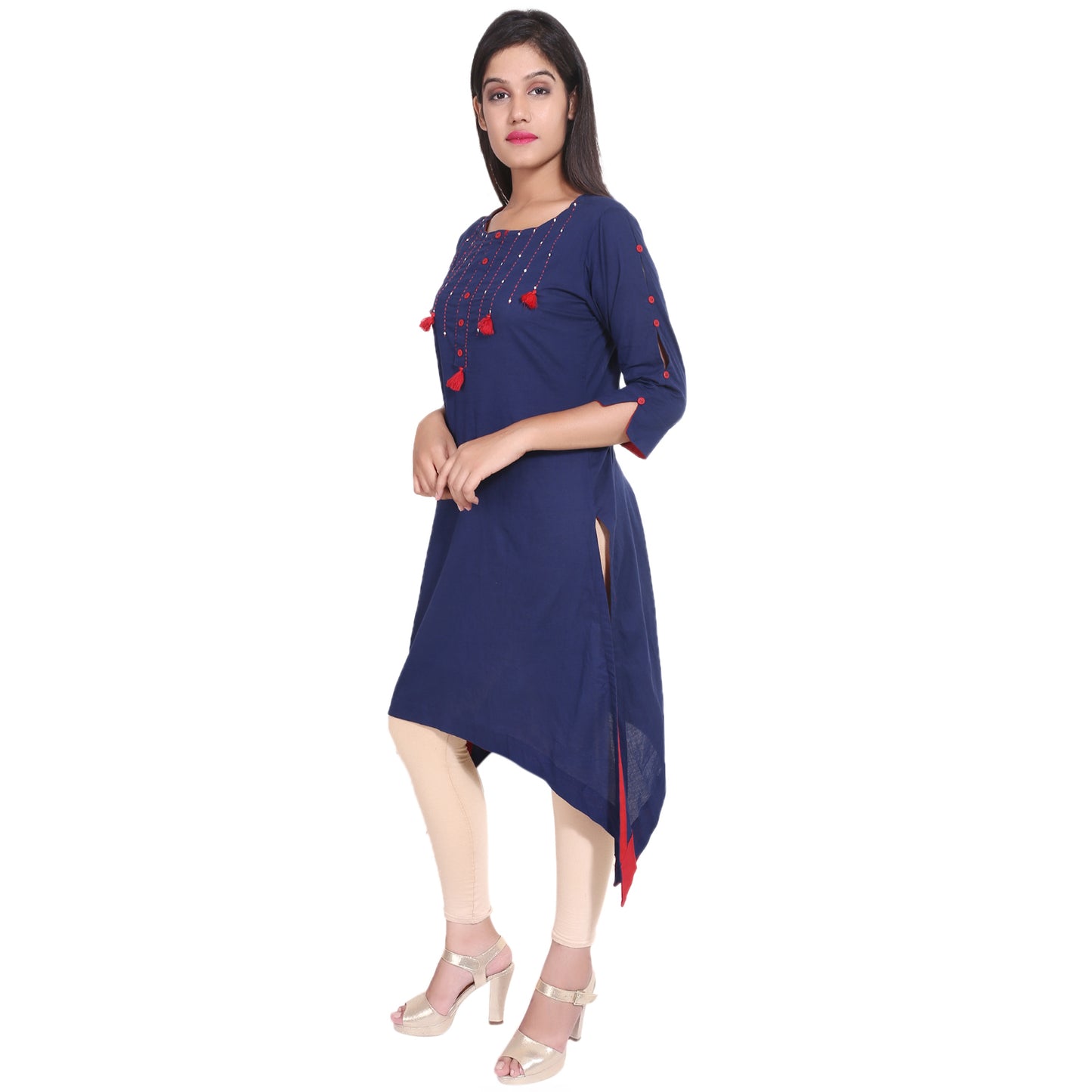 women cotton straight asymmetric kurta navy blue