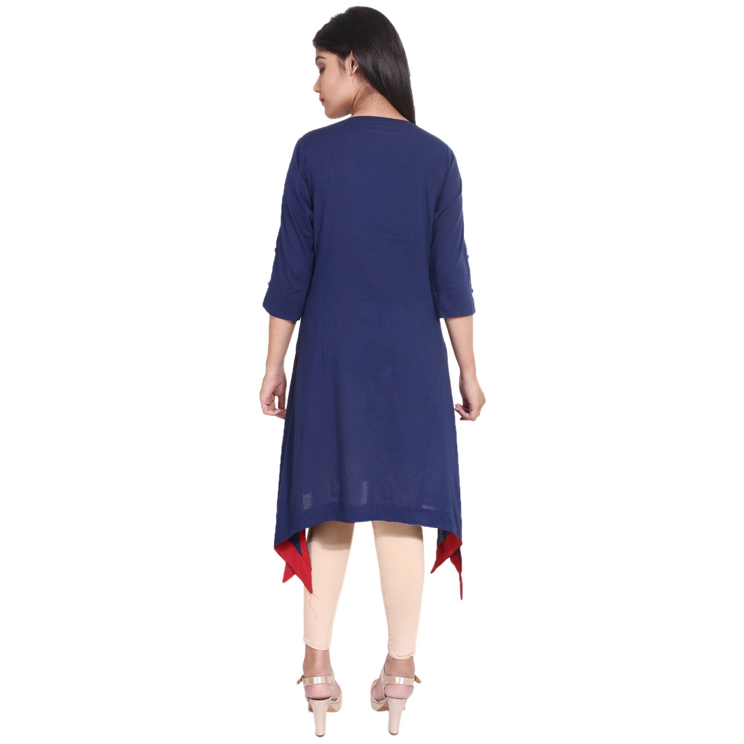women cotton straight asymmetric kurta navy blue
