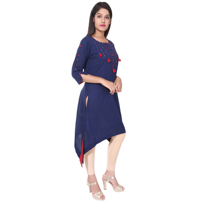 women cotton straight asymmetric kurta navy blue