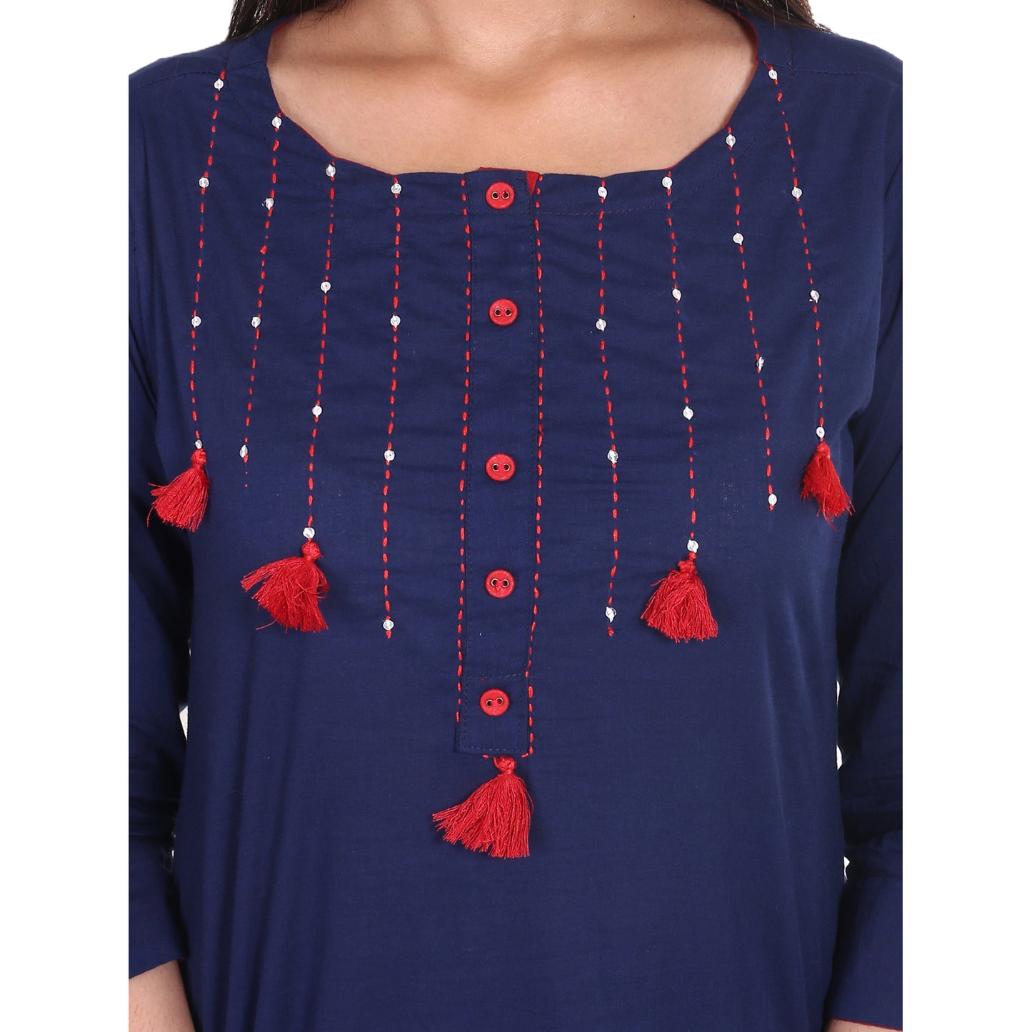 women cotton straight asymmetric kurta navy blue