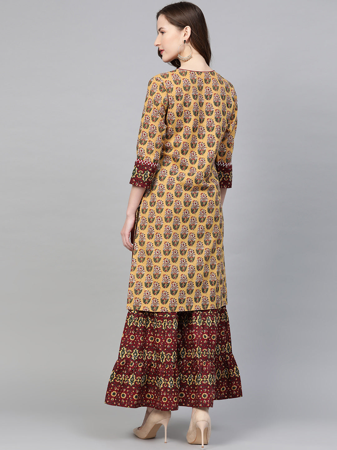 women cotton floral printed straight kurta sharara set mustard