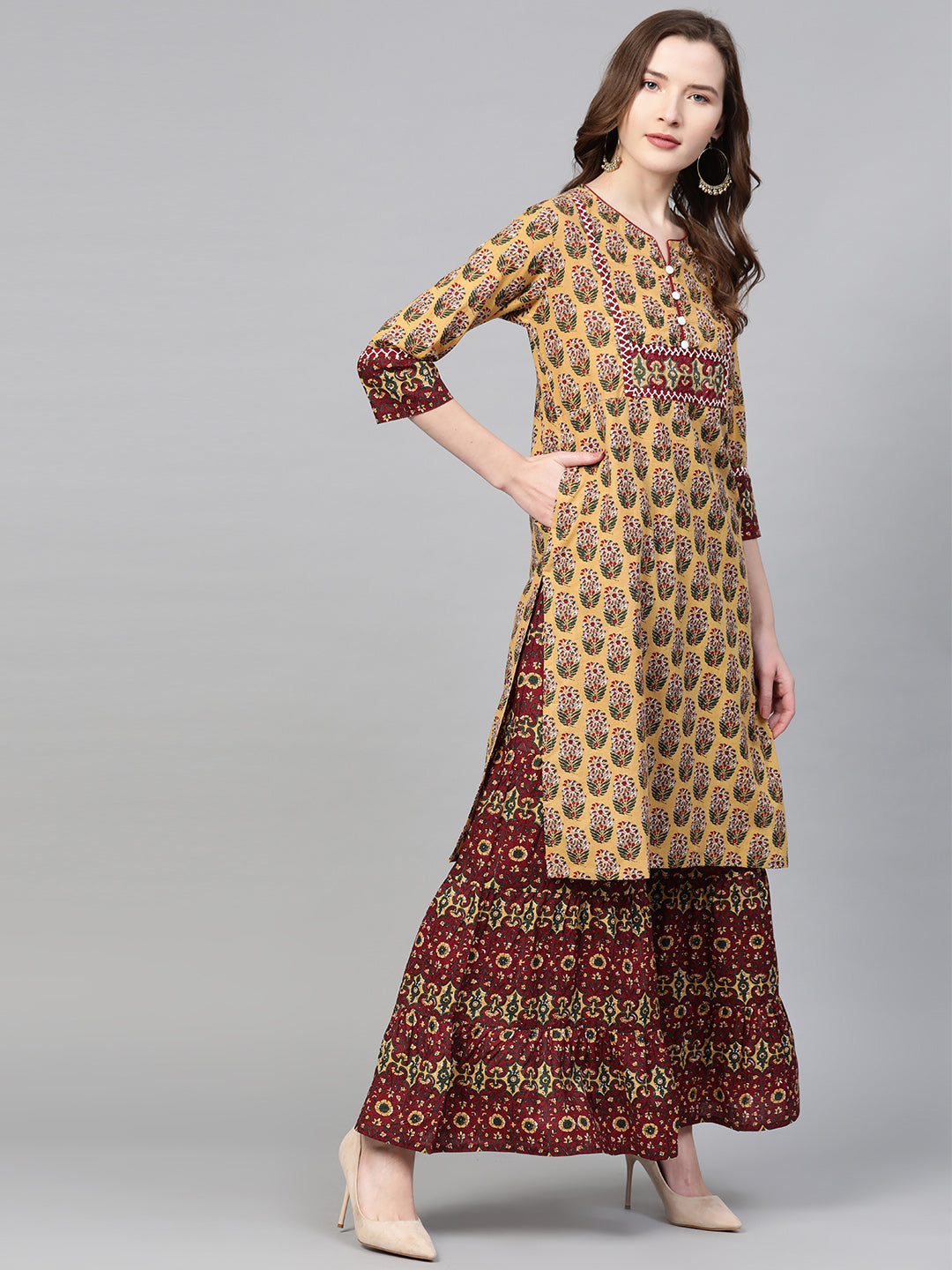 women cotton floral printed straight kurta sharara set mustard