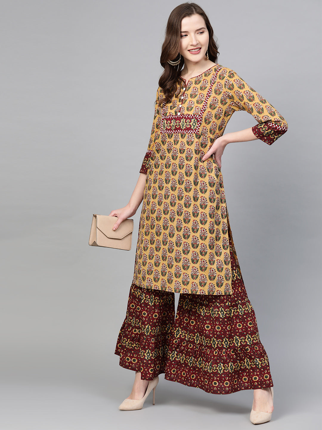 women cotton floral printed straight kurta sharara set mustard