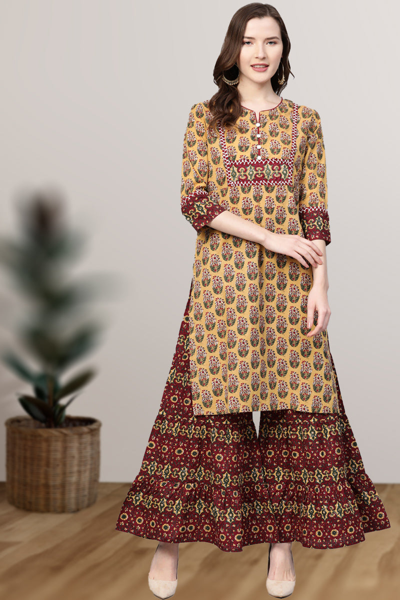 women cotton floral printed straight kurta sharara set mustard