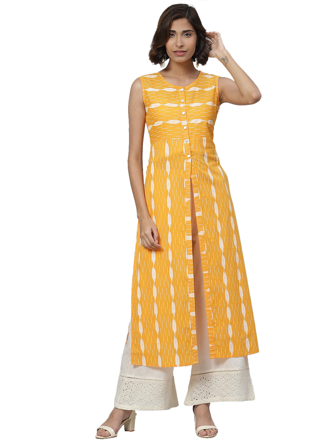 women cotton ikat print sleeveless straight kurta