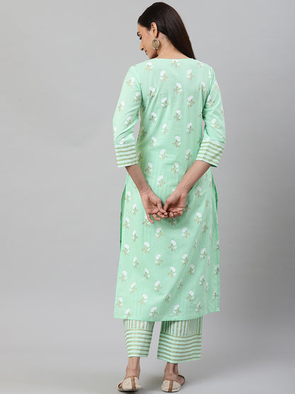 women cotton green floral stripe straight kurta palazzo set green