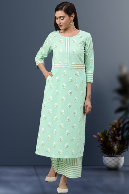 women cotton green floral stripe straight kurta palazzo set green