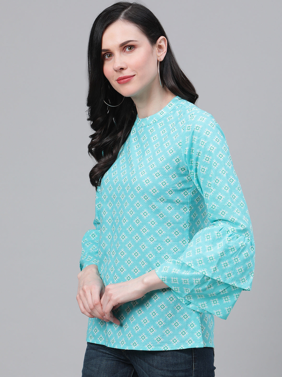 women geomatrical printed casual top sky blue