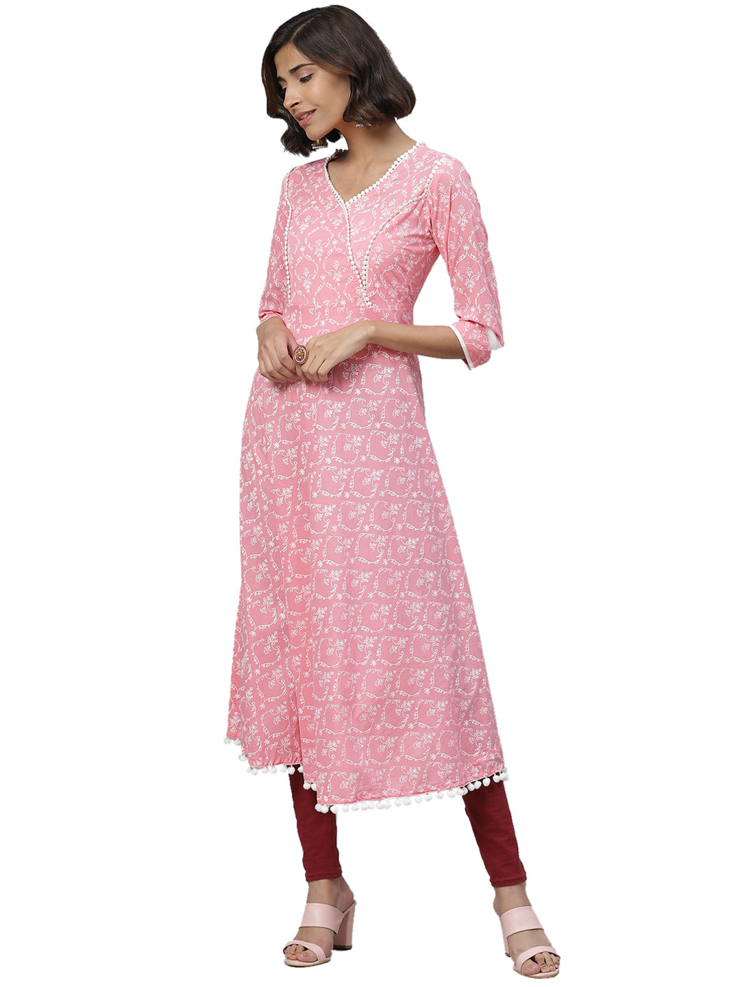 women cotton floral print anarkali kurta pink