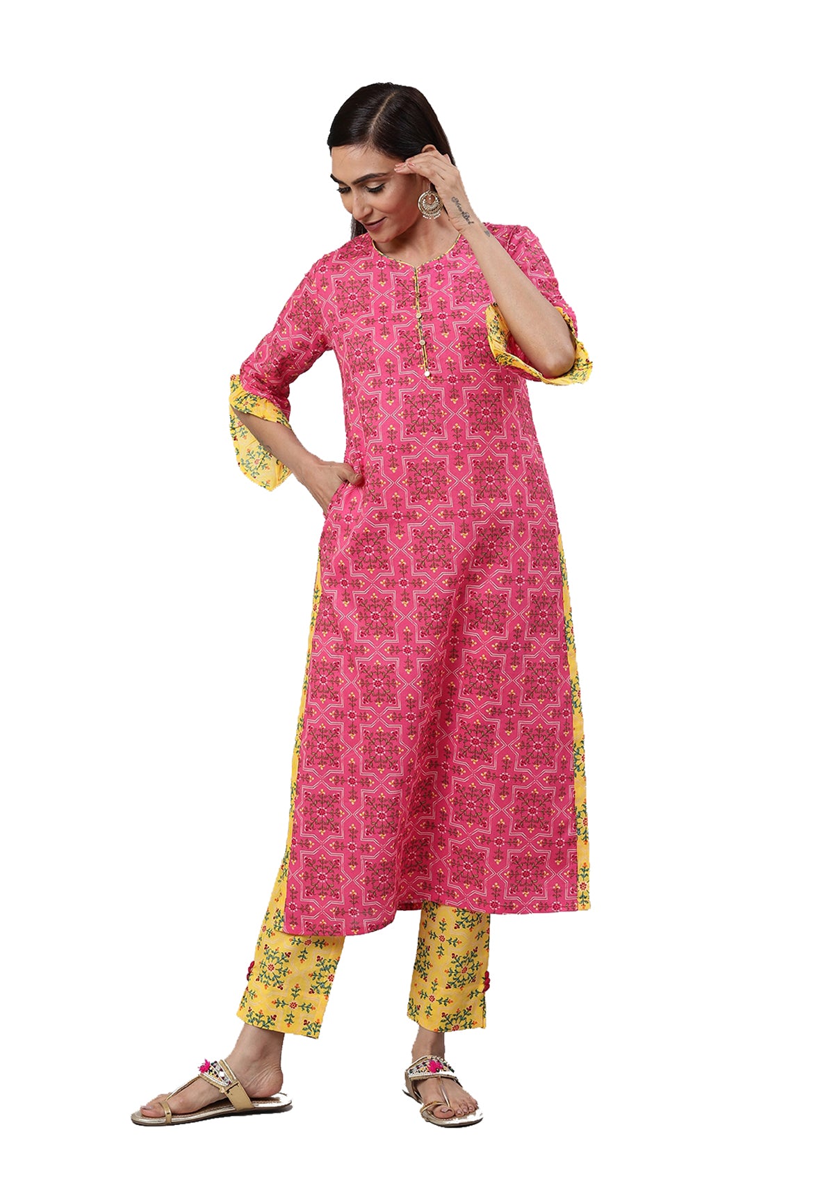  Rayon Floral Printed Straight Kurta & Pant Set (Pink & Yellow)