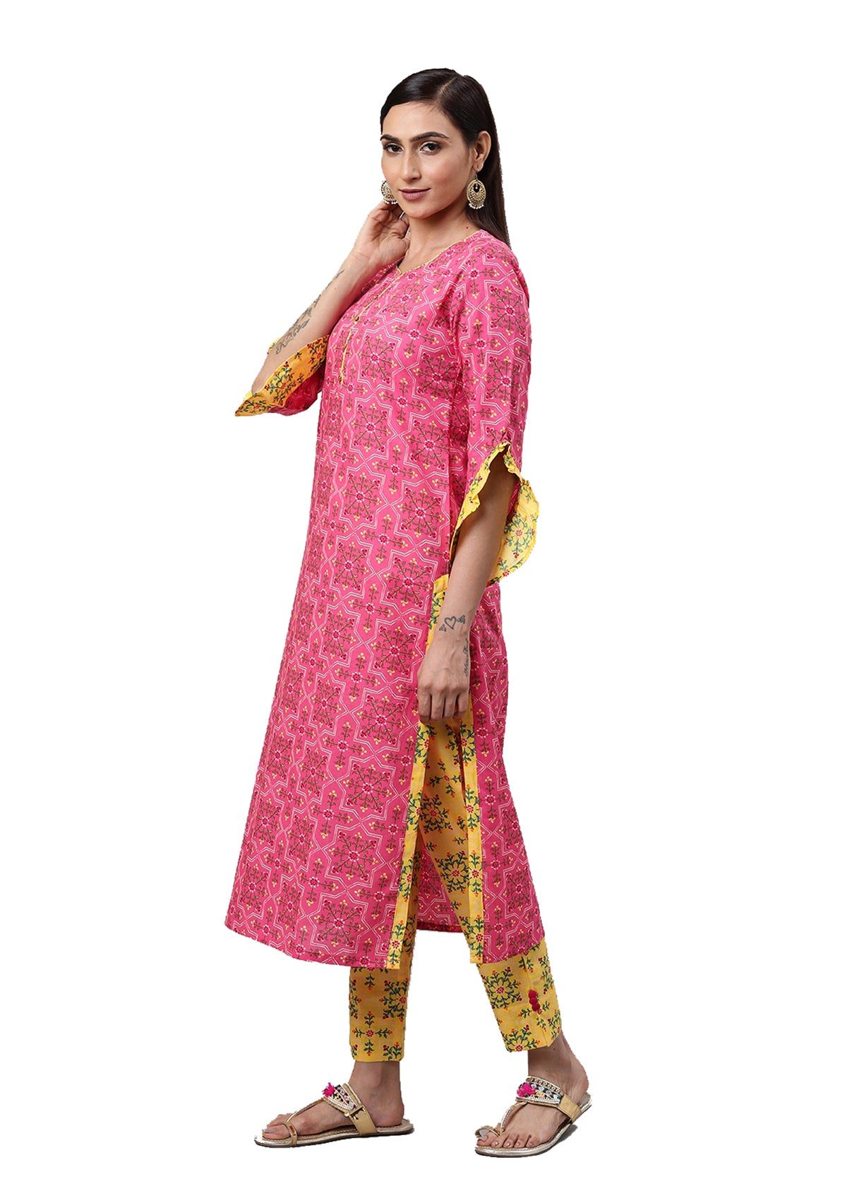  Rayon Floral Printed Straight Kurta & Pant Set (Pink & Yellow)