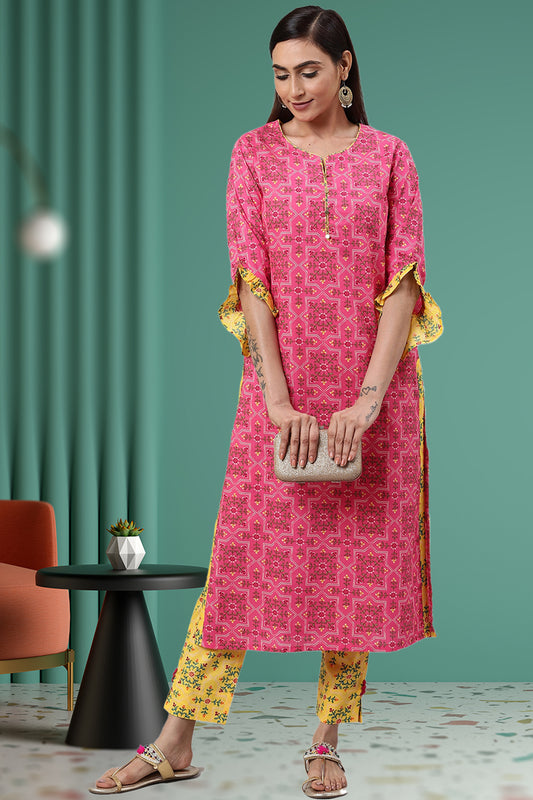 women rayon floral printed straight kurta pant set pink yellow