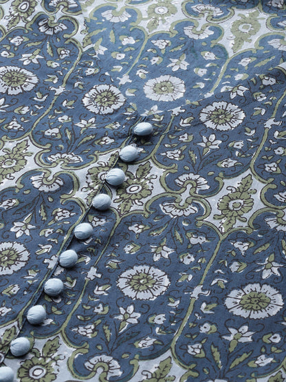 women cotton floral printed anarkali kurta blue