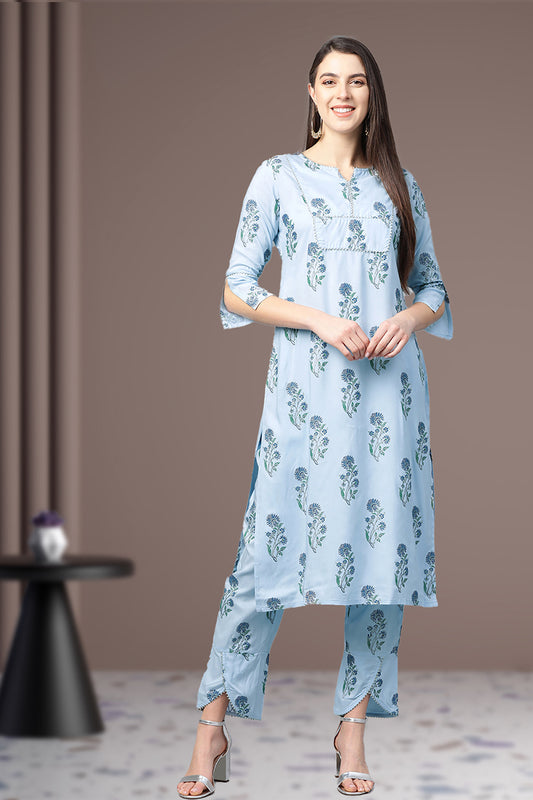 Cotton Floral Printed Straight Kurta with Pant (Sky Blue)