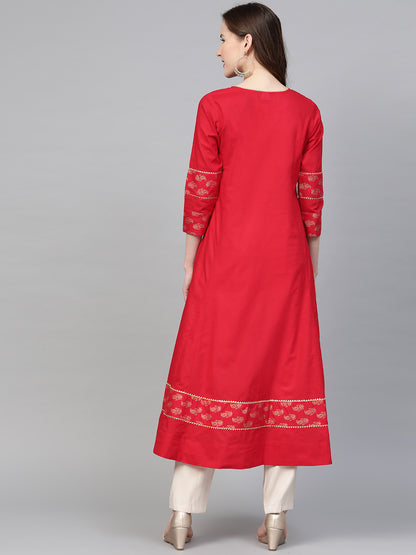 women cotton floral printed anarkali kurta red