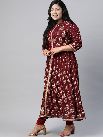 women rayon floral printed anarkali kurta maroon