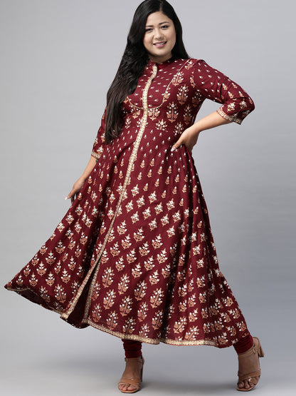 women rayon floral printed anarkali kurta maroon