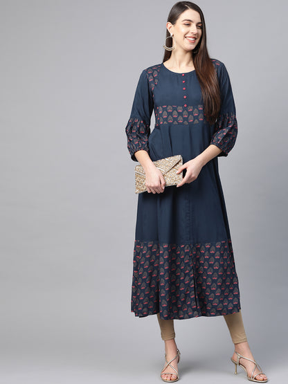 women rayon floral printed anarkali kurta blue