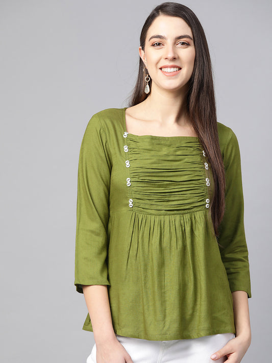 women rayon solid regular top green
