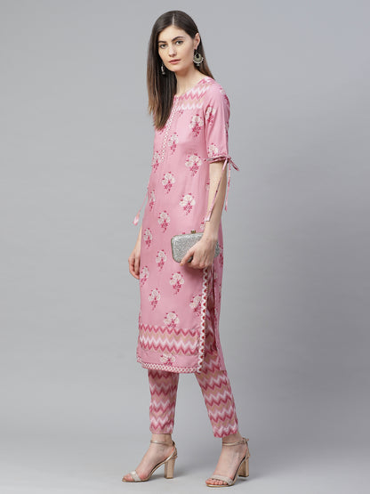 women rayon floral printed straight kurta with pant pink