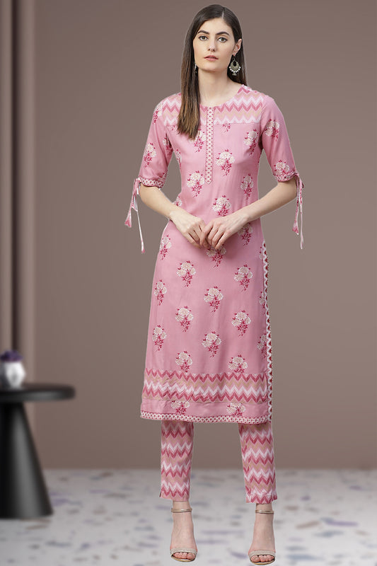 women rayon floral printed straight kurta with pant pink