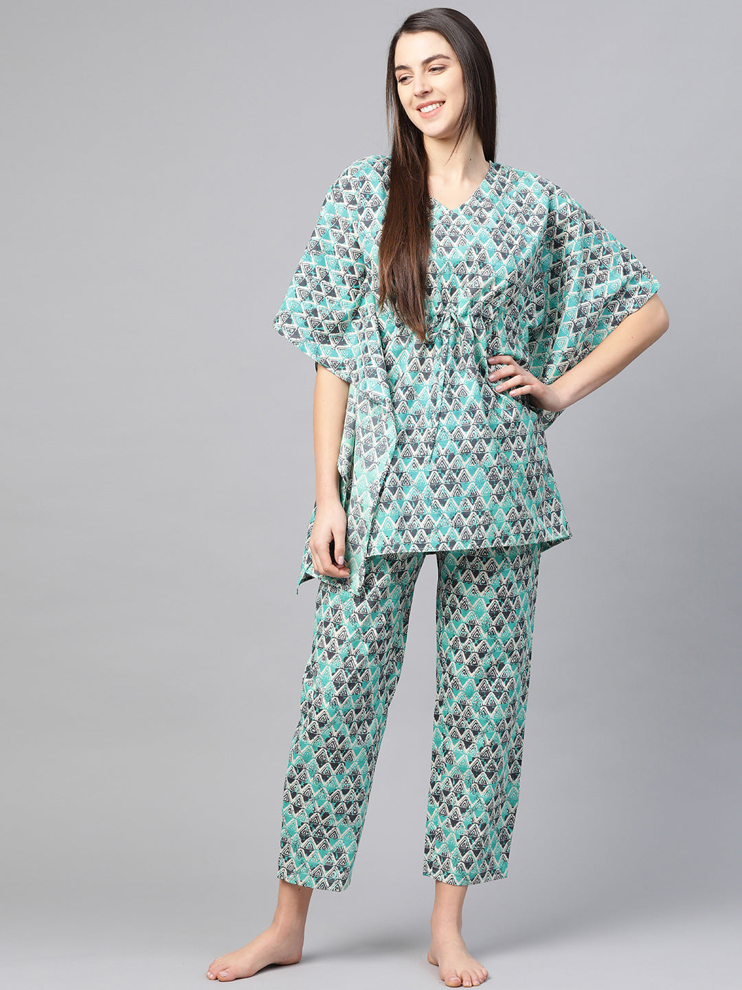 women geomatrical printed kaftan night suit multi