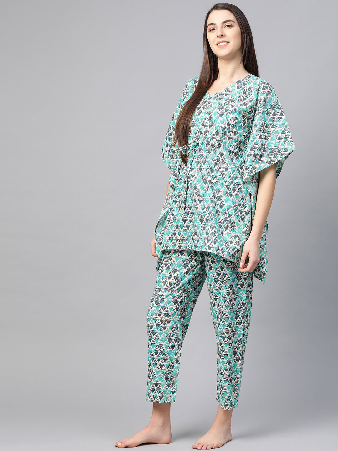women geomatrical printed kaftan night suit multi