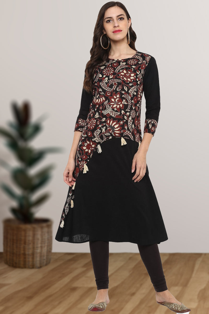 festive party floral print women kurti black