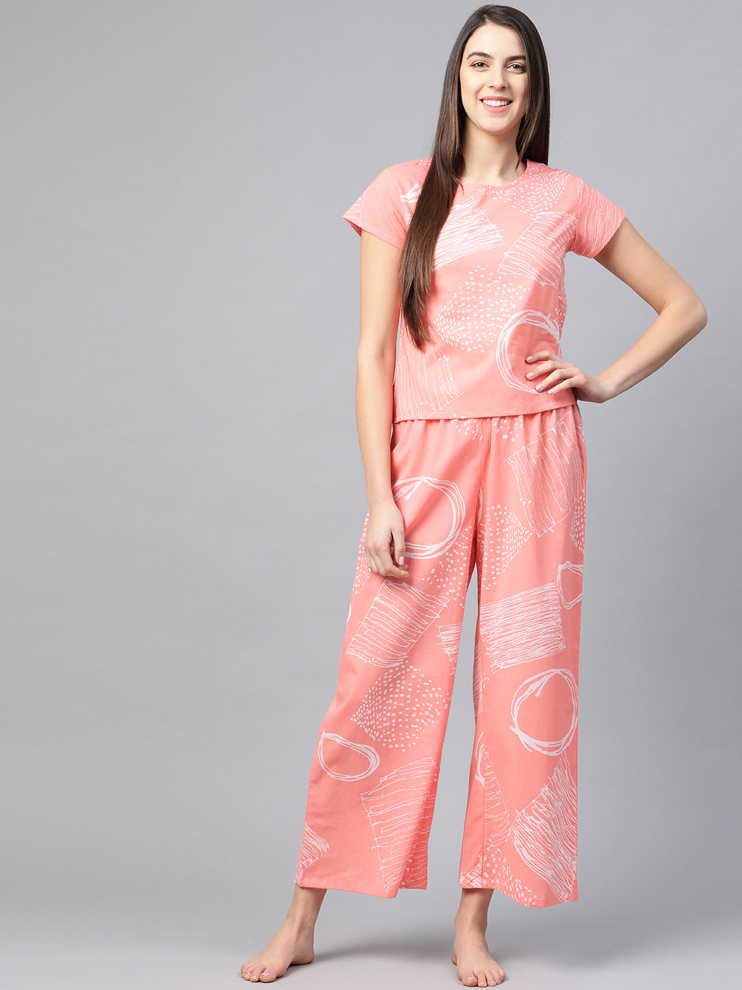 women geomatrical printed night suit pink 1