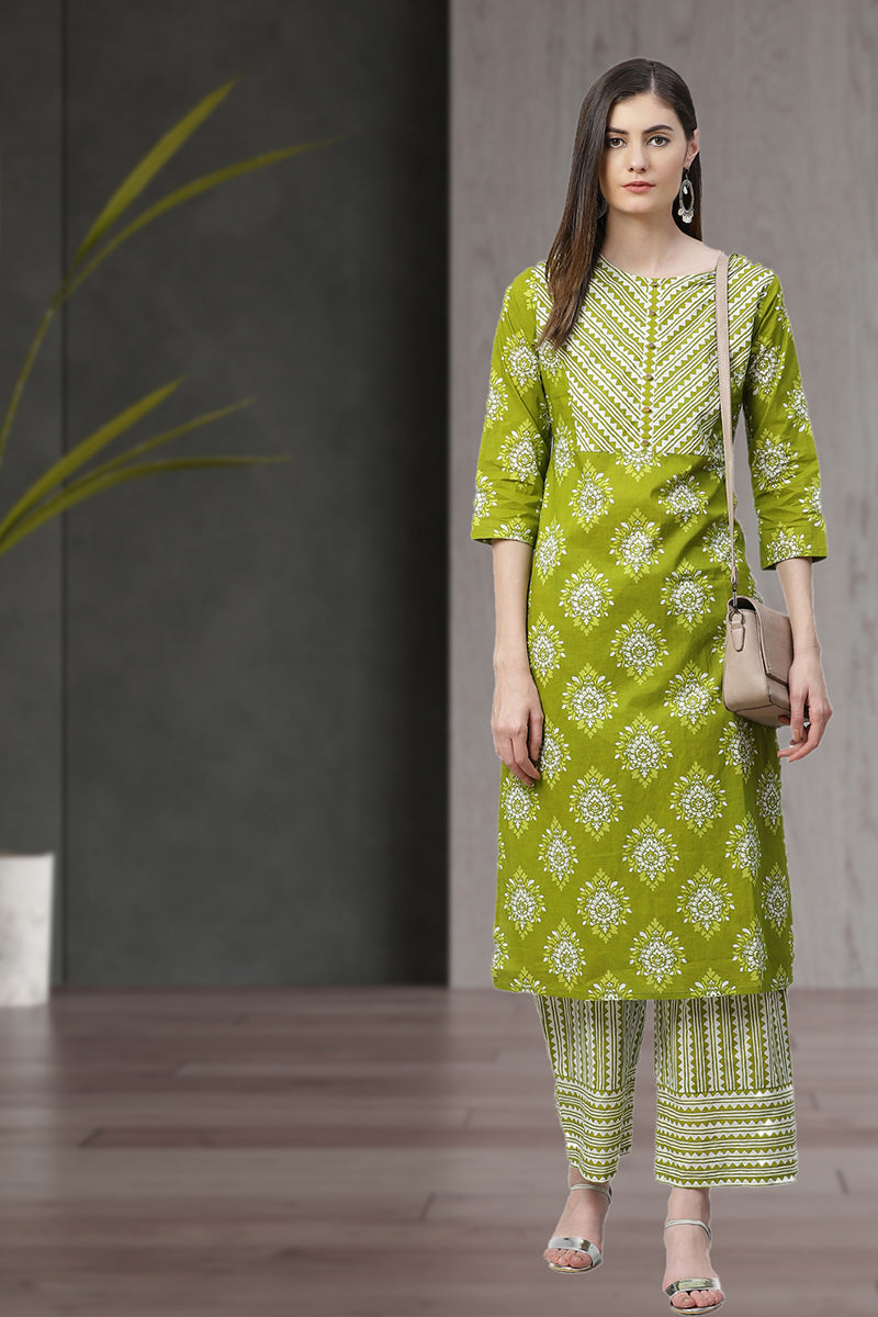women cotton floral printed straight kurta with palazzo green