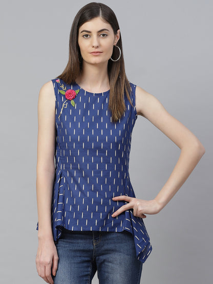 women cotton ikat printed embroidered regular top blue