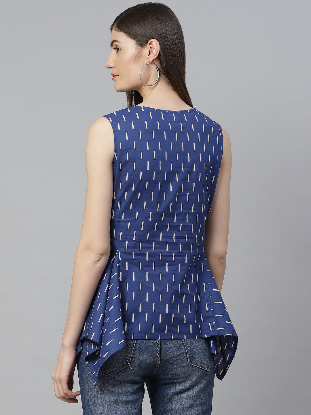  Cotton Ikat Printed Embroidered Regular Top (Blue)