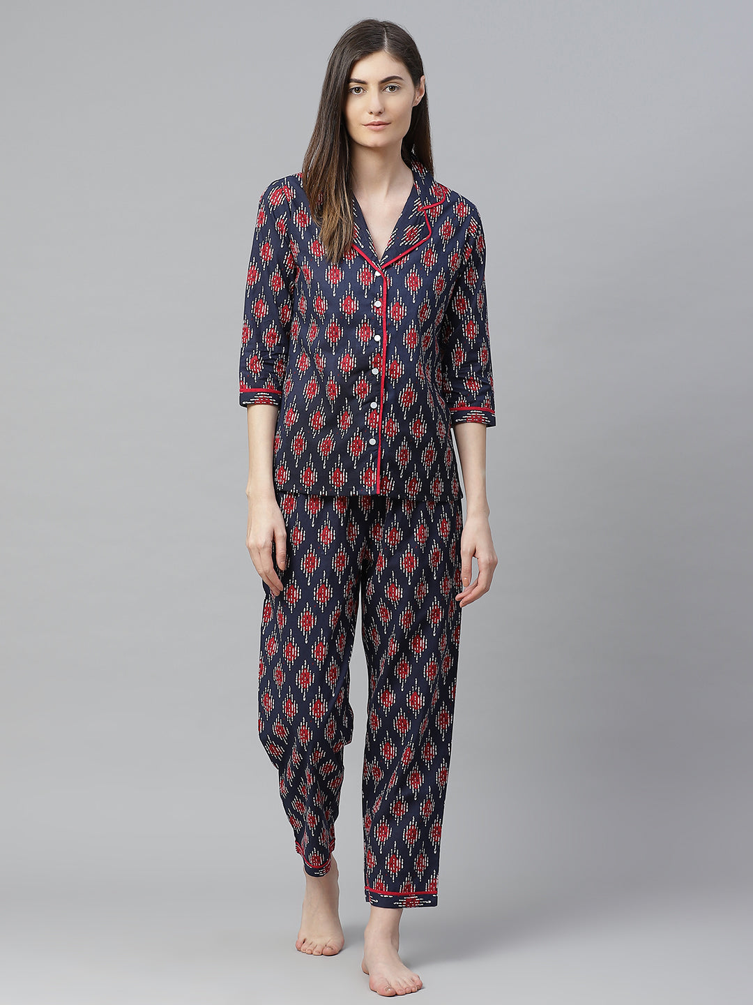 womens cotton straight geomatrical print night suit blue