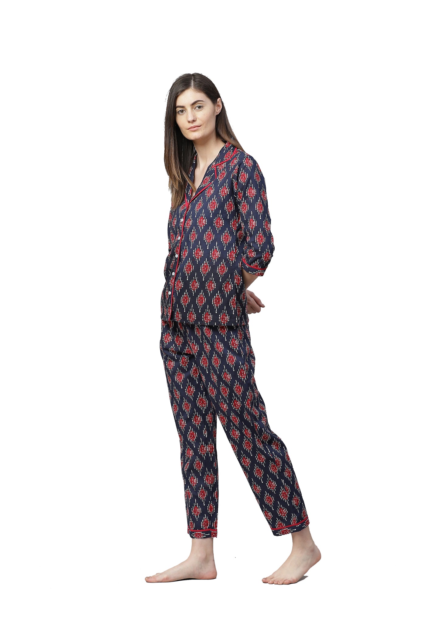 womens cotton straight geomatrical print night suit blue