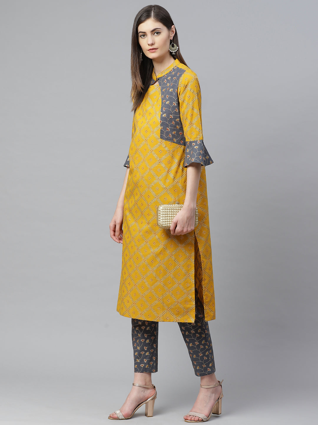 women cotton geomatrical printed straight kurta with pant yellow grey