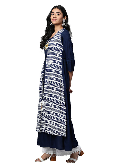 women rayon embroidered tiered jacket style geomatrical printed kurta