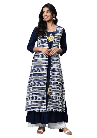 women rayon embroidered tiered jacket style geomatrical printed kurta