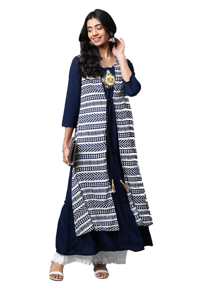 women rayon embroidered tiered jacket style geomatrical printed kurta