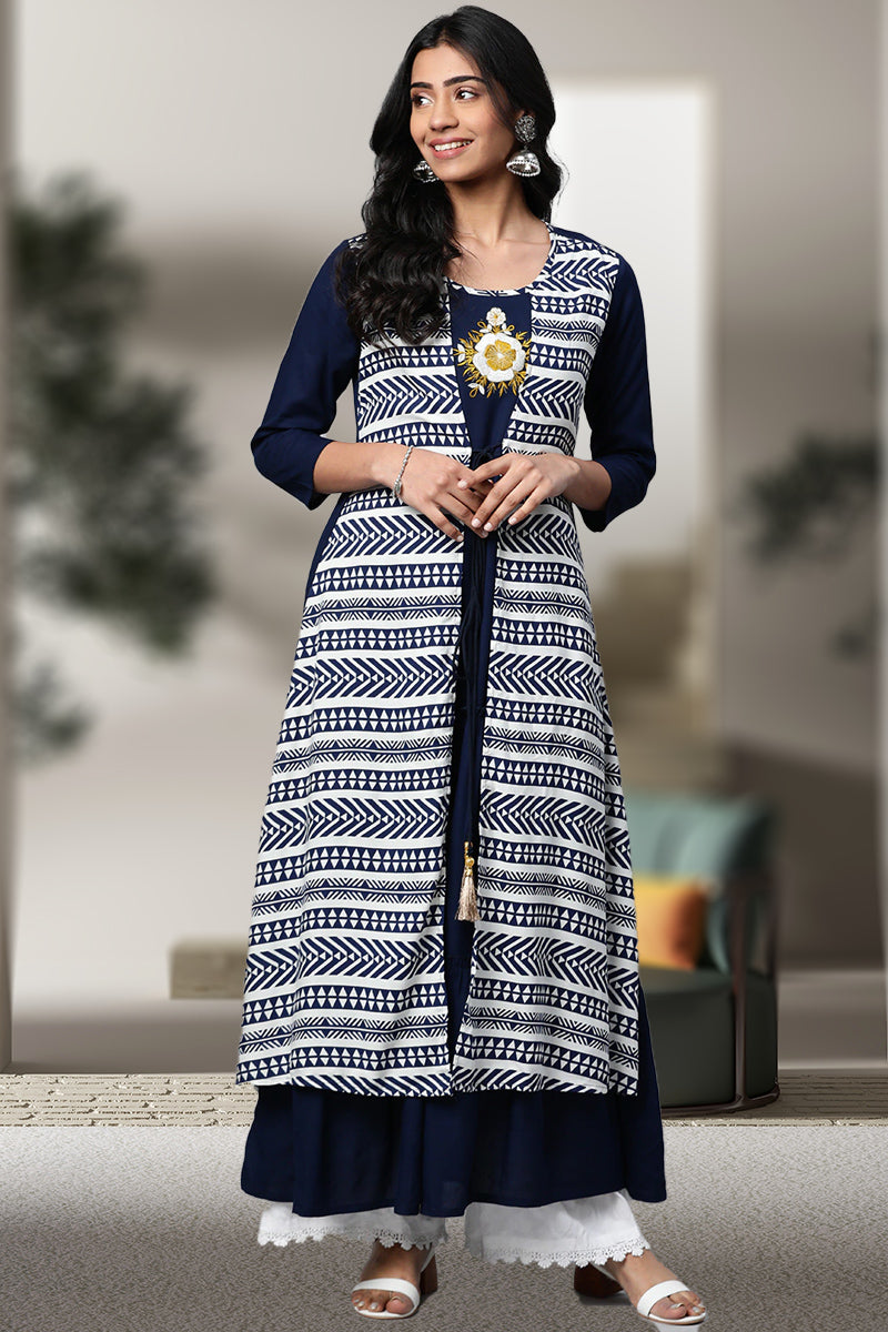 women rayon embroidered tiered jacket style geomatrical printed kurta