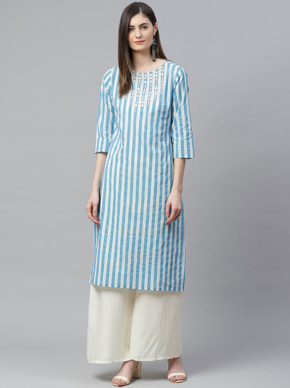 women cotton stripe printed embroidered straight kurta