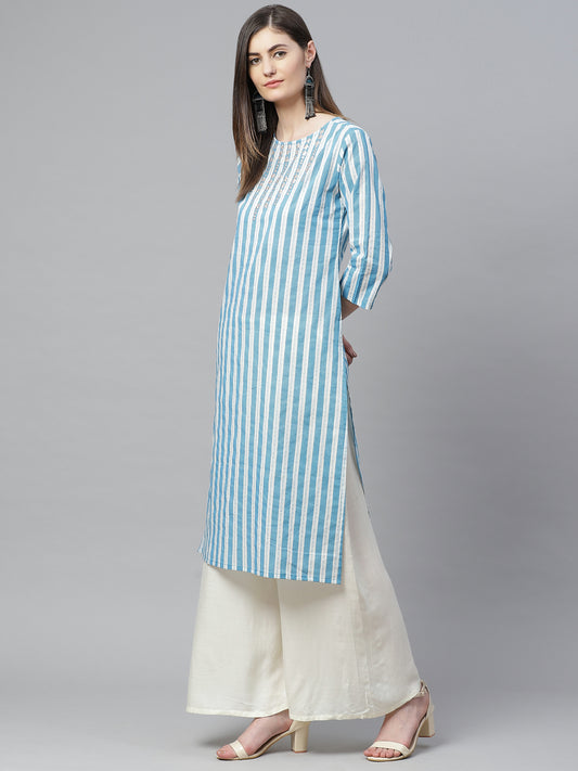 women cotton stripe printed embroidered straight kurta