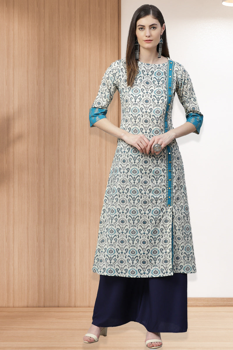 Buy Ishin Women's Cotton Teal Yoke Design A-Line Kurta Sharara Dupatta Set  Online – ISHIN FASHIONS