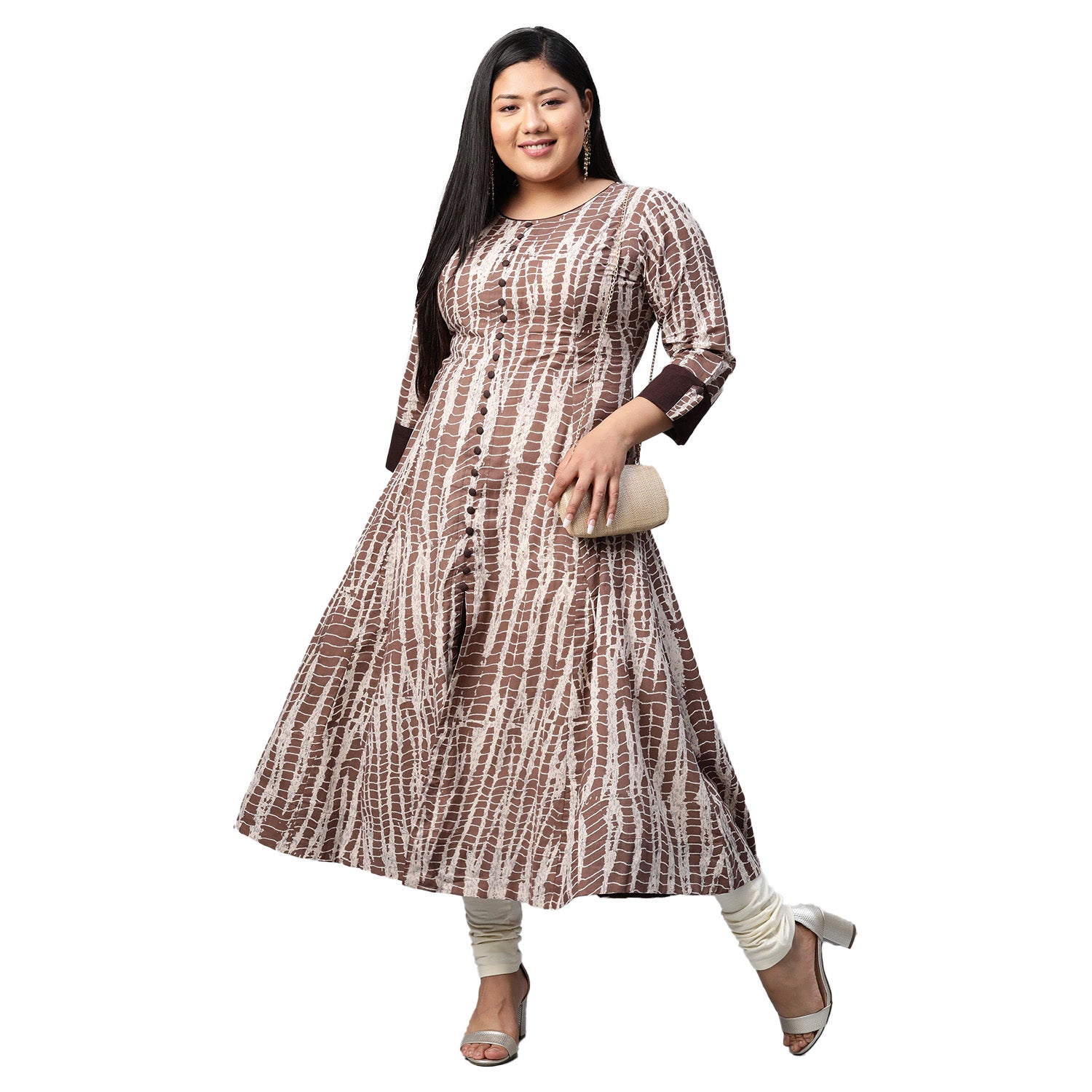 womens cotton blend printed anarkali kurta brown