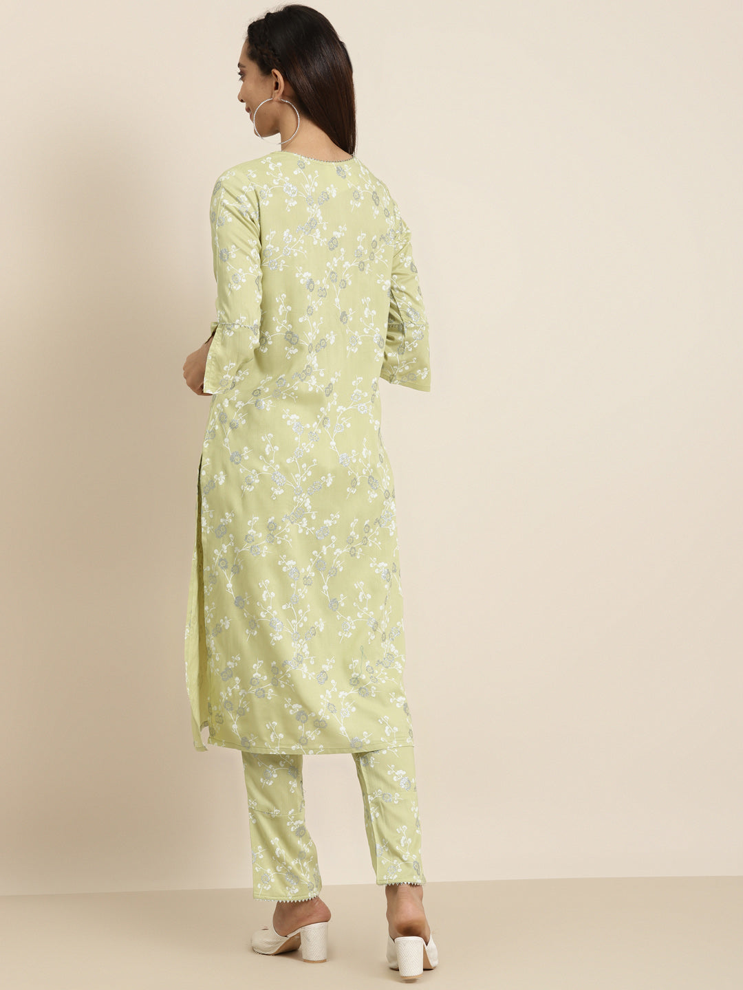 women rayon silver floral printed straight kurta with palazzo green