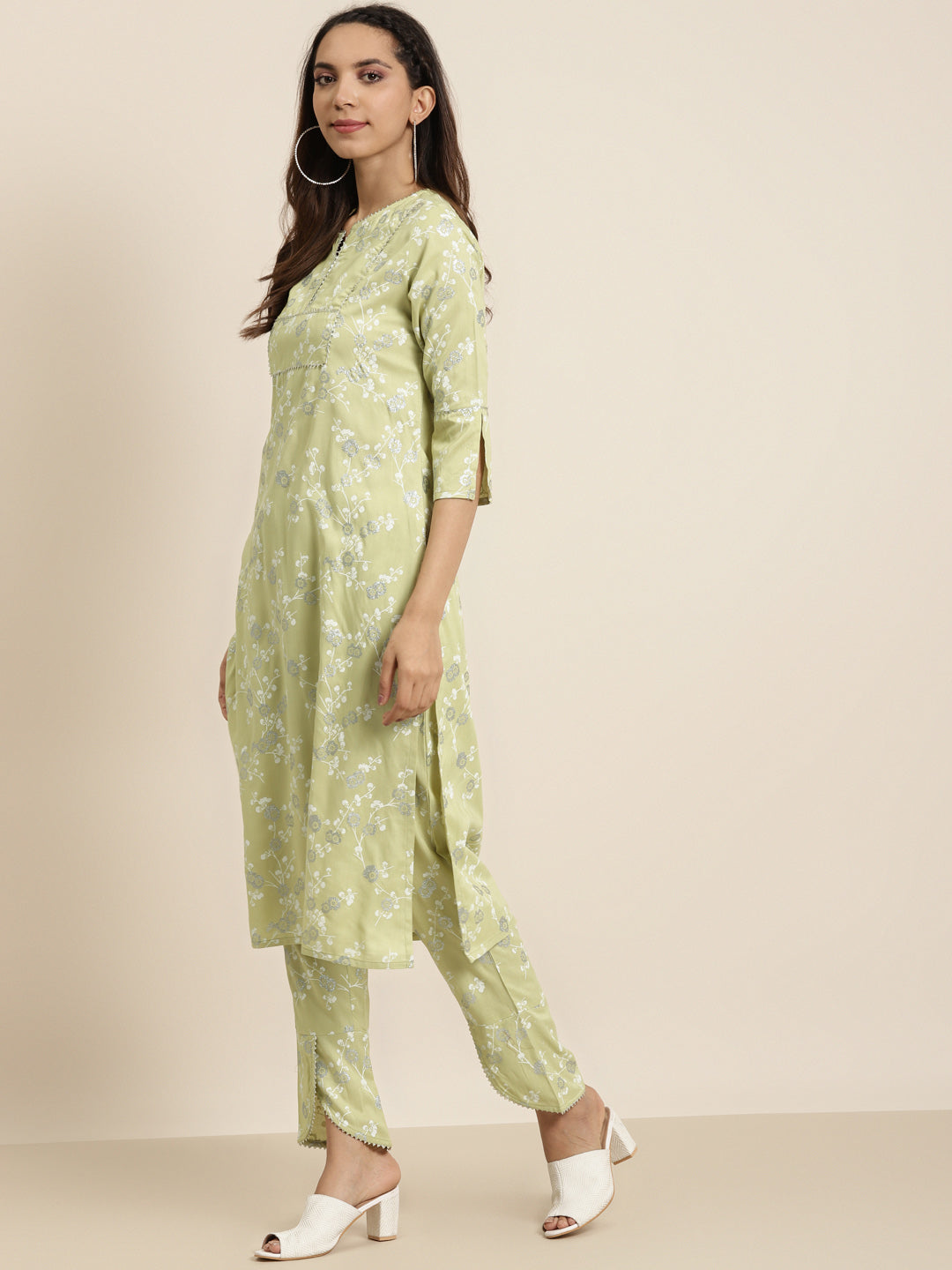 women rayon silver floral printed straight kurta with palazzo green