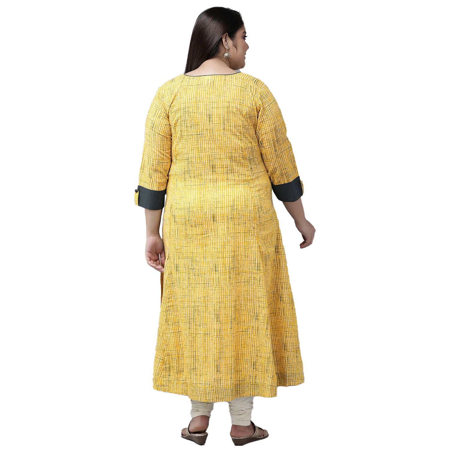 Plus Size Yellow Cotton Stripe Printed Anarkali Kurta Back Pose