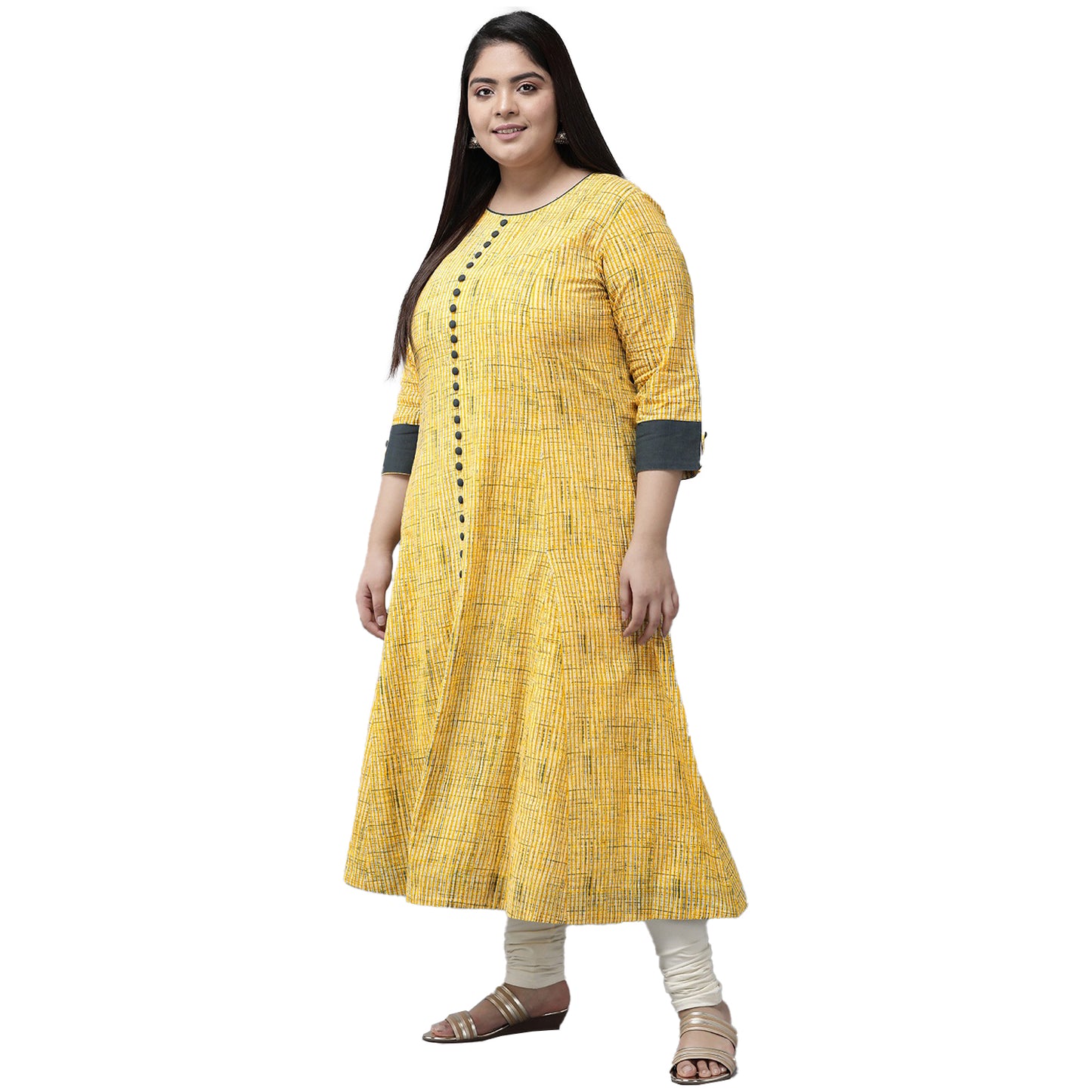 Plus Size Yellow Cotton Stripe Printed Anarkali Kurta Side Pose