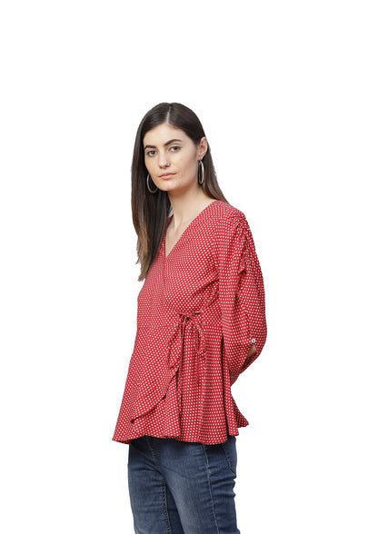 women rayon polka dot printed regular top red