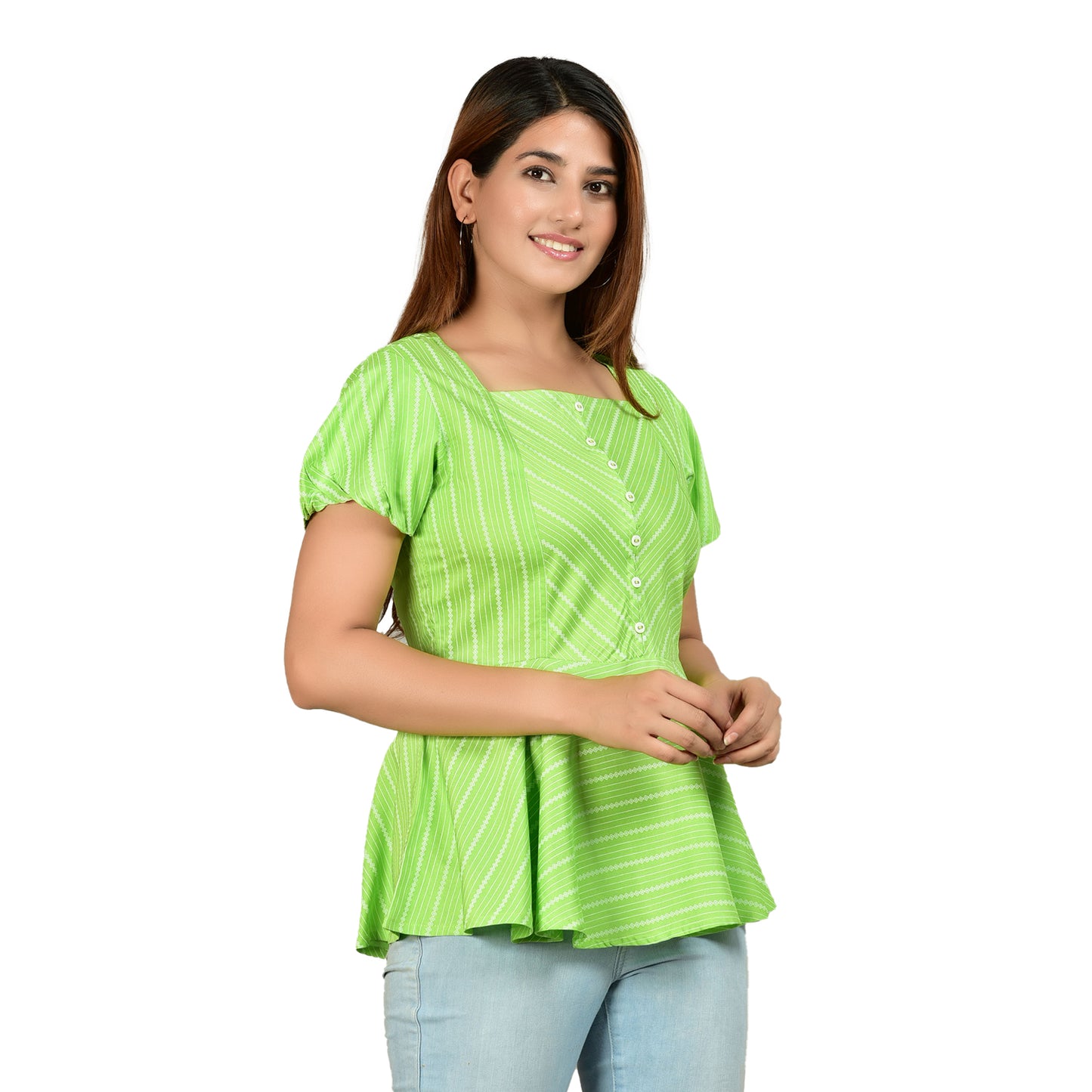 womens rayon stripe print straight top green