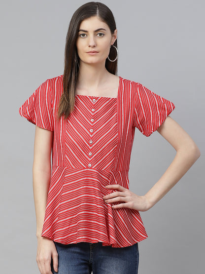 women rayon stripe printed regular top red